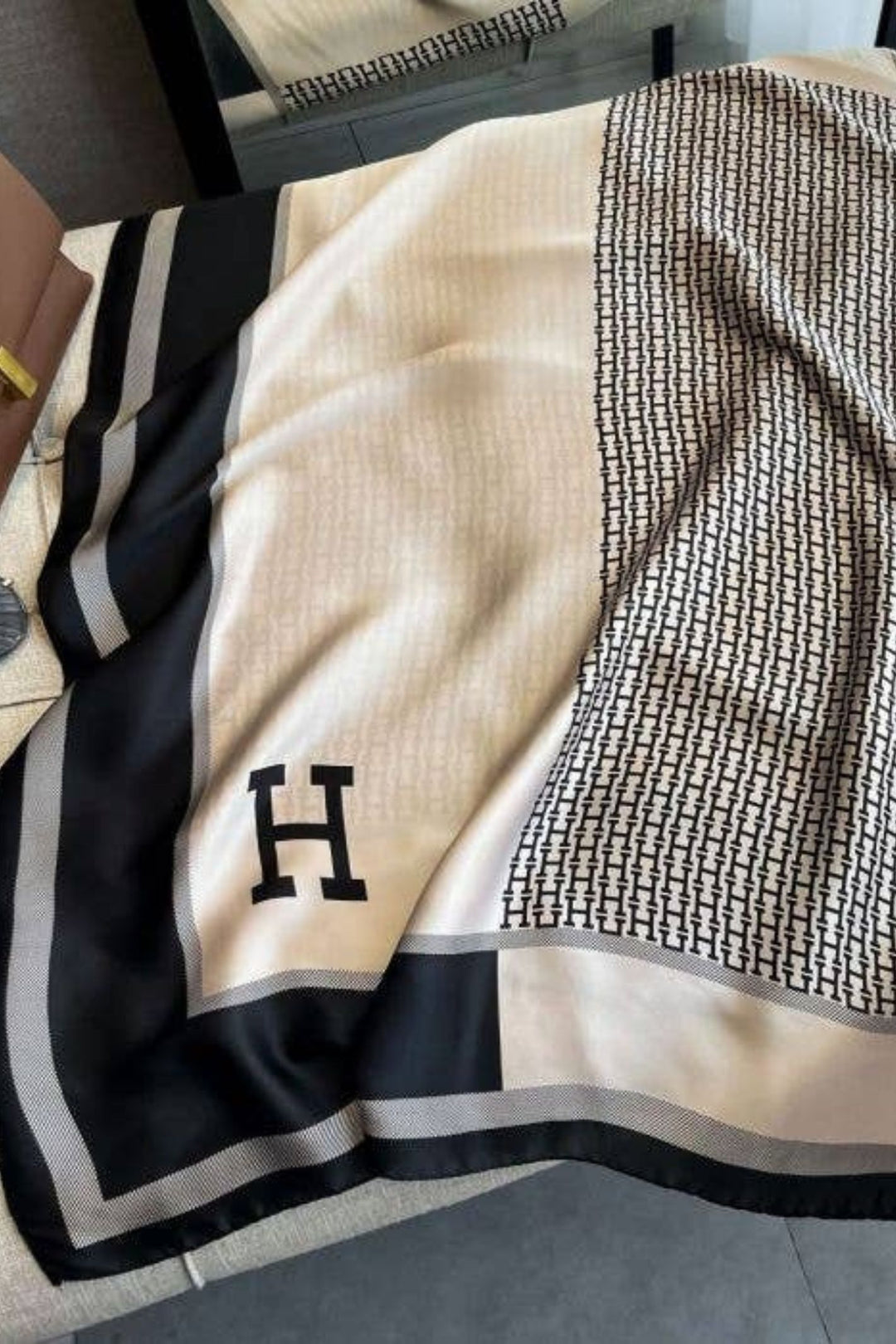Bold Beige and Black Letter H Faux Silk Scarf