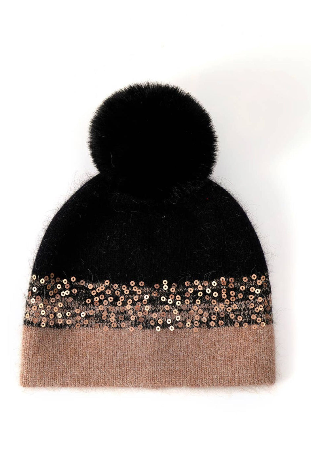 Black Two Tone Pompom Hat with Sequins