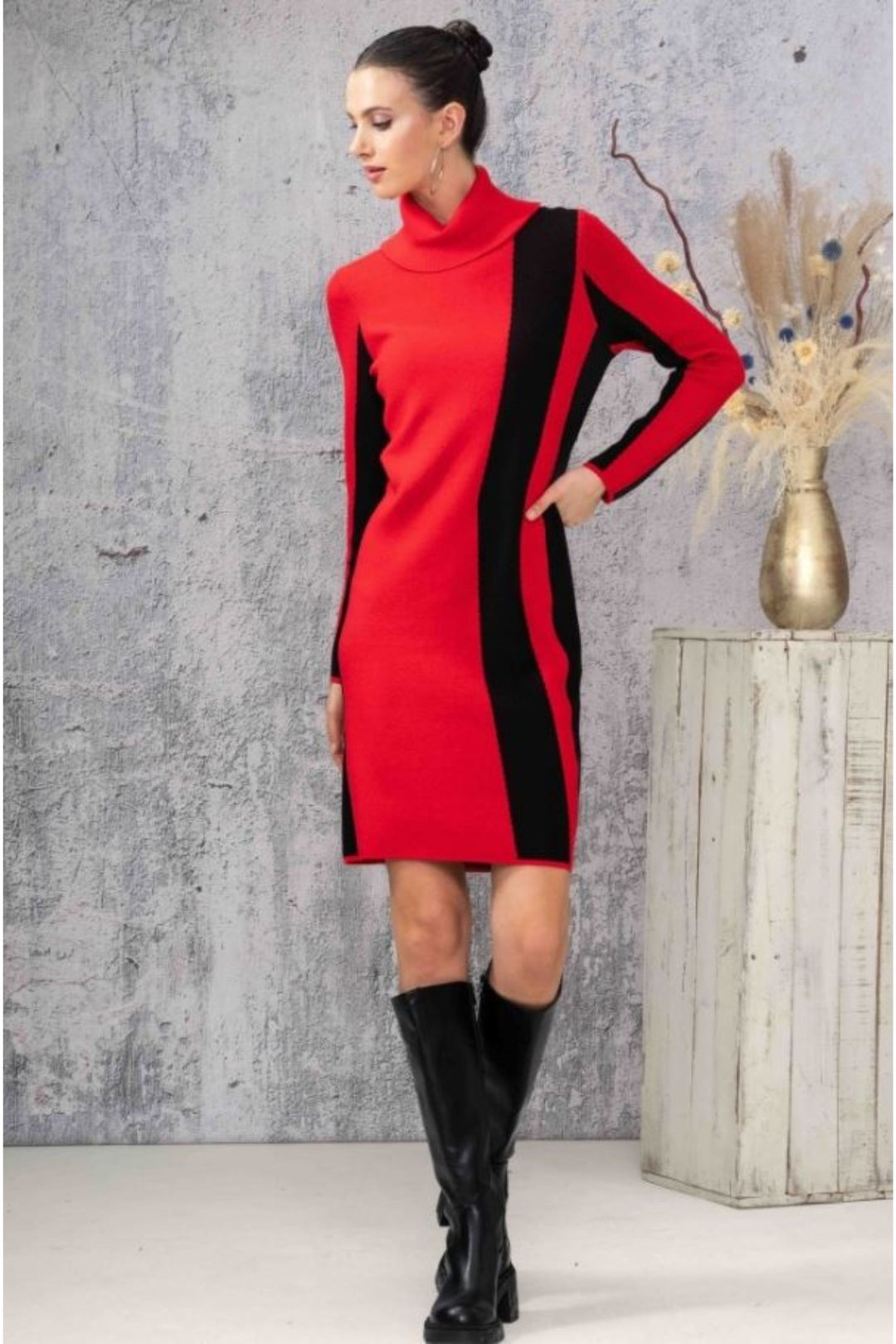 Alison Sheri A44185 Red & Black Contour Knitted Dress