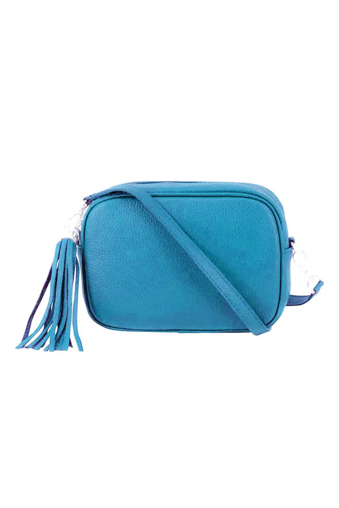 Aqua Leather Crossbody Camera Bag With Tassel