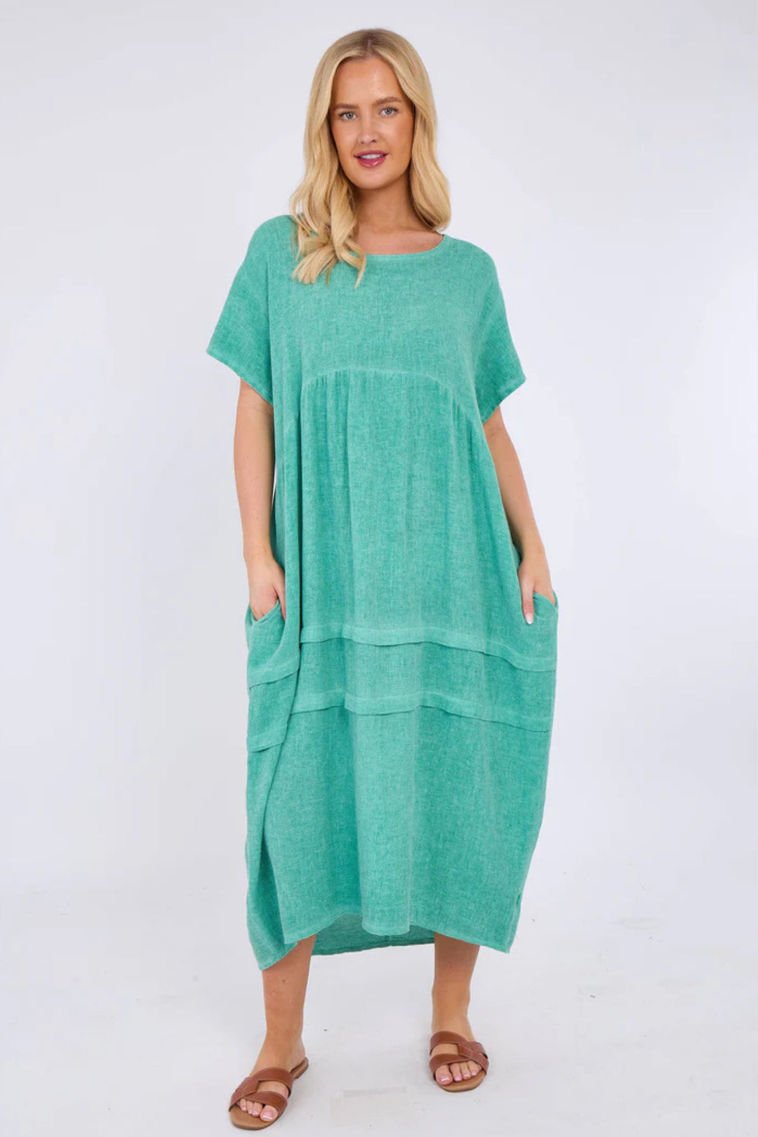 Aqua Washed Linen Bubble Hem Dress