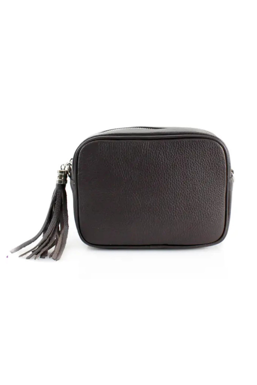 Black Leather Crossbody Camera Bag With Tassel