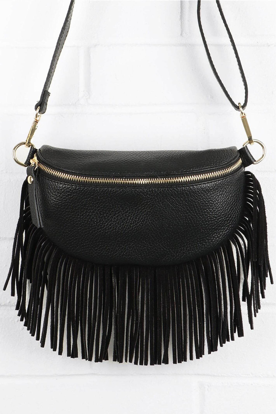 Black Leather Half Moon Bag with Fringed Trim