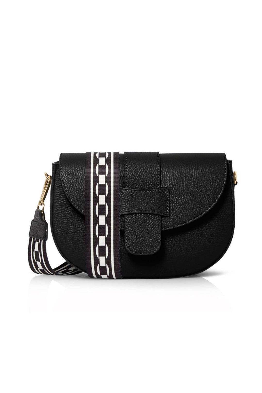 Black Leather Saddle Style Bag With Monochrome Strap