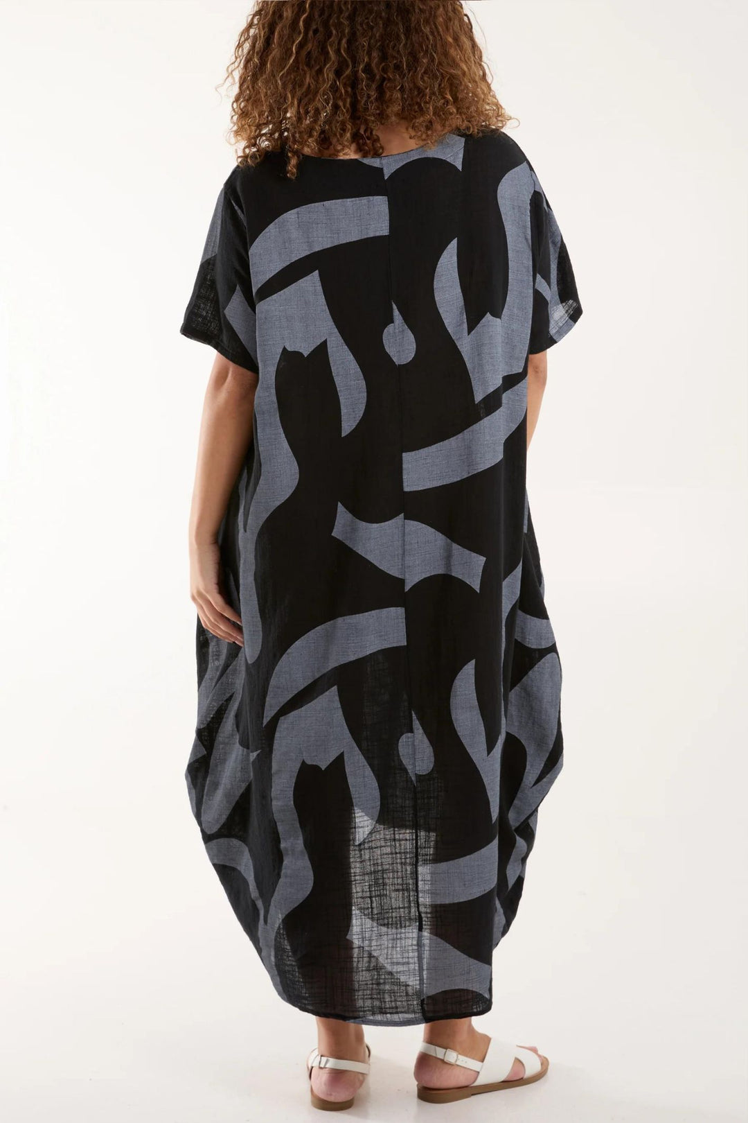 Black & Grey Print Lightweight Cocoon Midi Dress