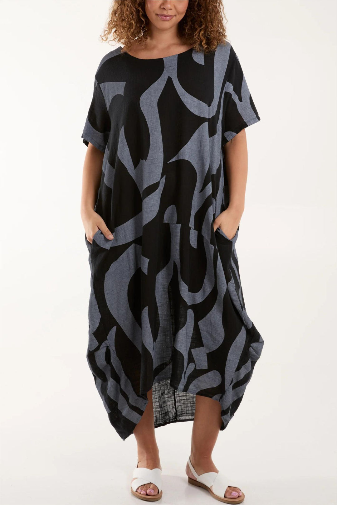 Black & Grey Print Lightweight Cocoon Midi Dress