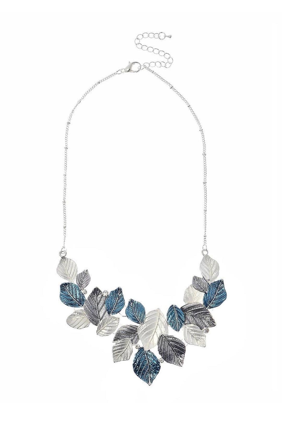 Blue & Silver Crystal Adorned Silver Leaf Necklace