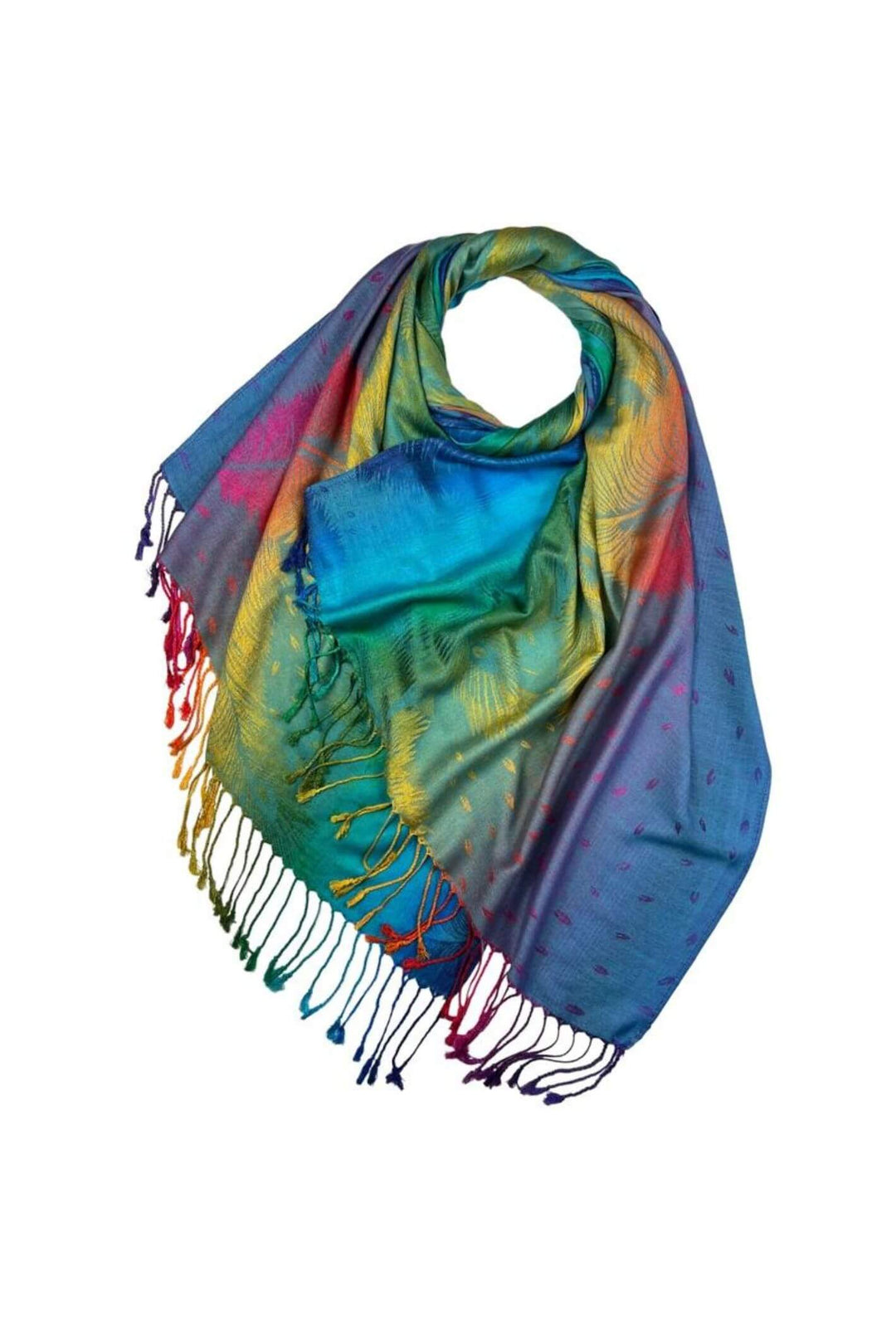 Blue Feather Print Multi-coloured Pashmina