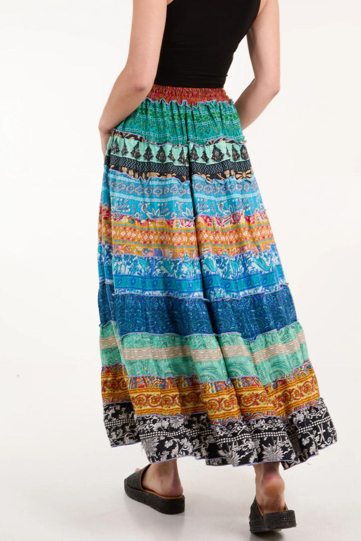 Blue Tones Hand Crafted Silky Tiered Maxi Skirt