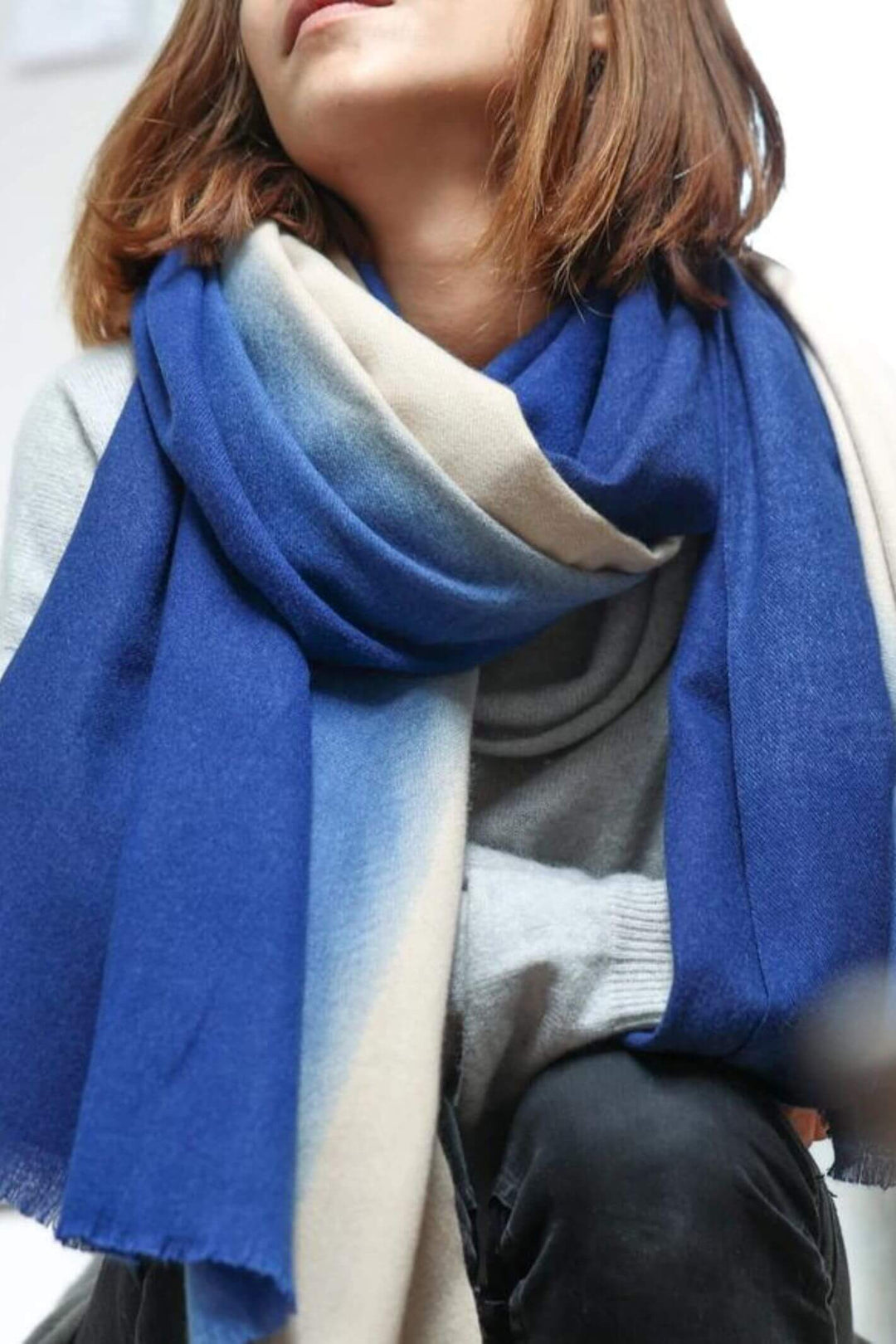Blue & Beige Ombre Cashmere Blend Scarf