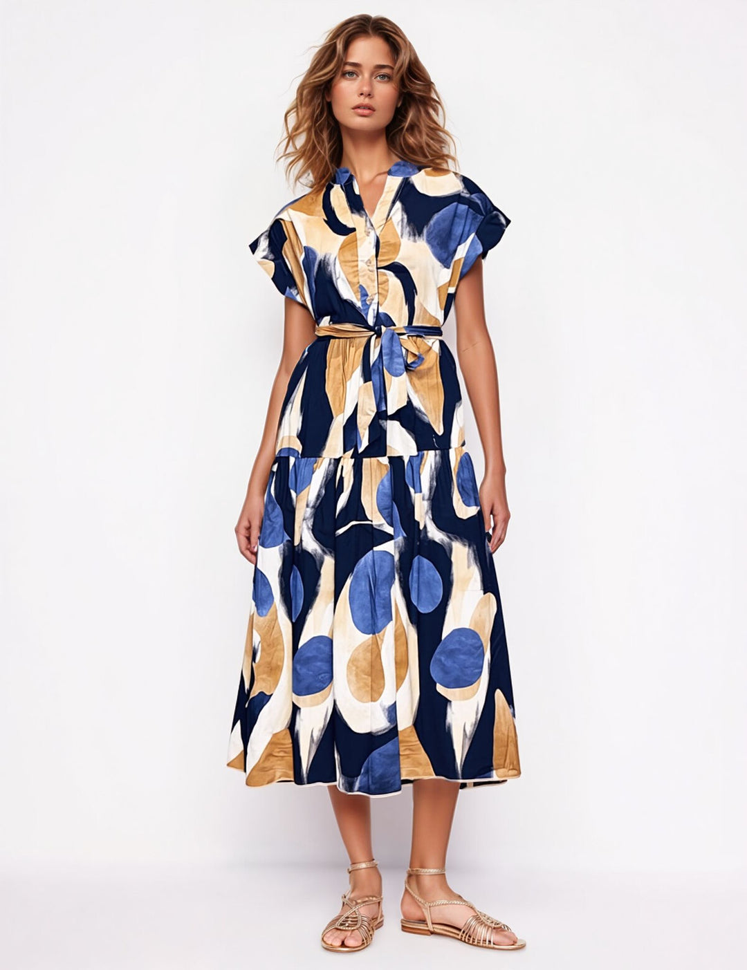 Blue & Taupe Circle Print Midi Shirt Dress
