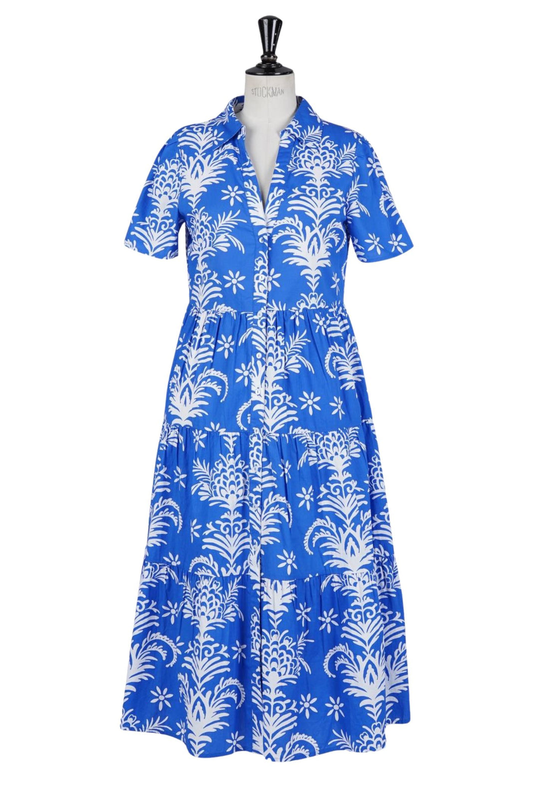 Blue & White Baroque Print Shirt Style Dress