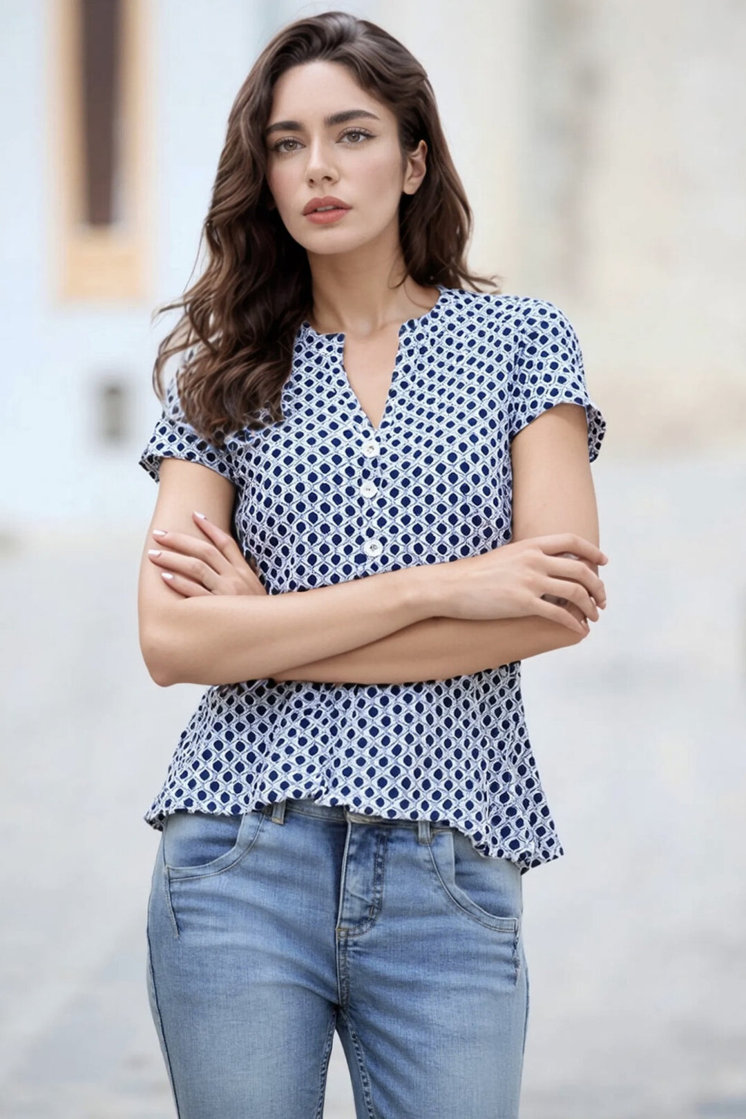 Blue & White Retro Print Top