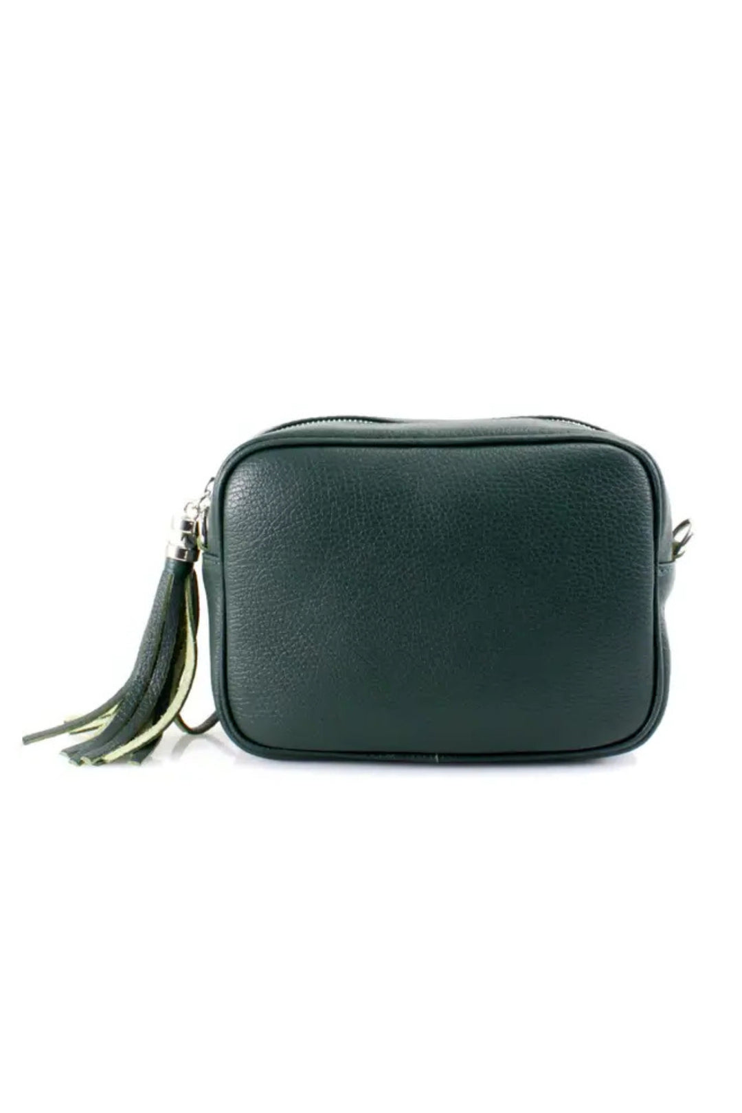 British Racing Green Leather Crossbody Camera Bag With Tassel