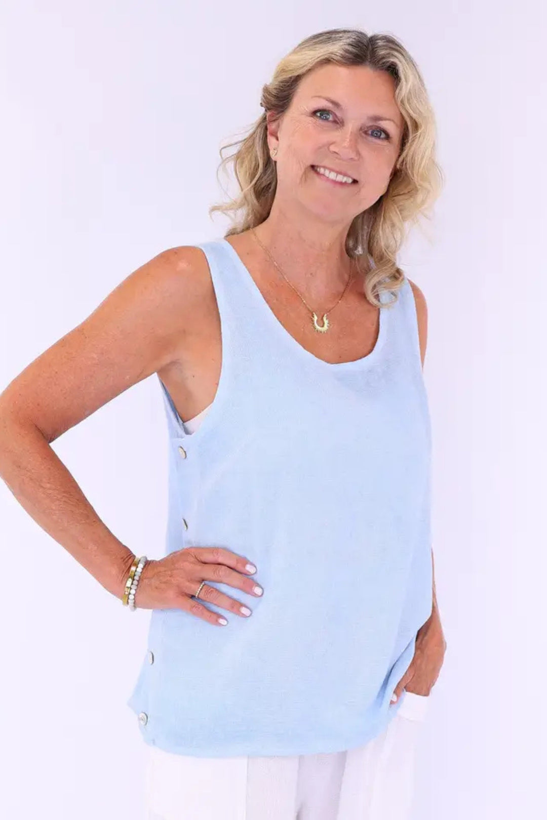 Cadenza Sky Blue Washed Linen Top