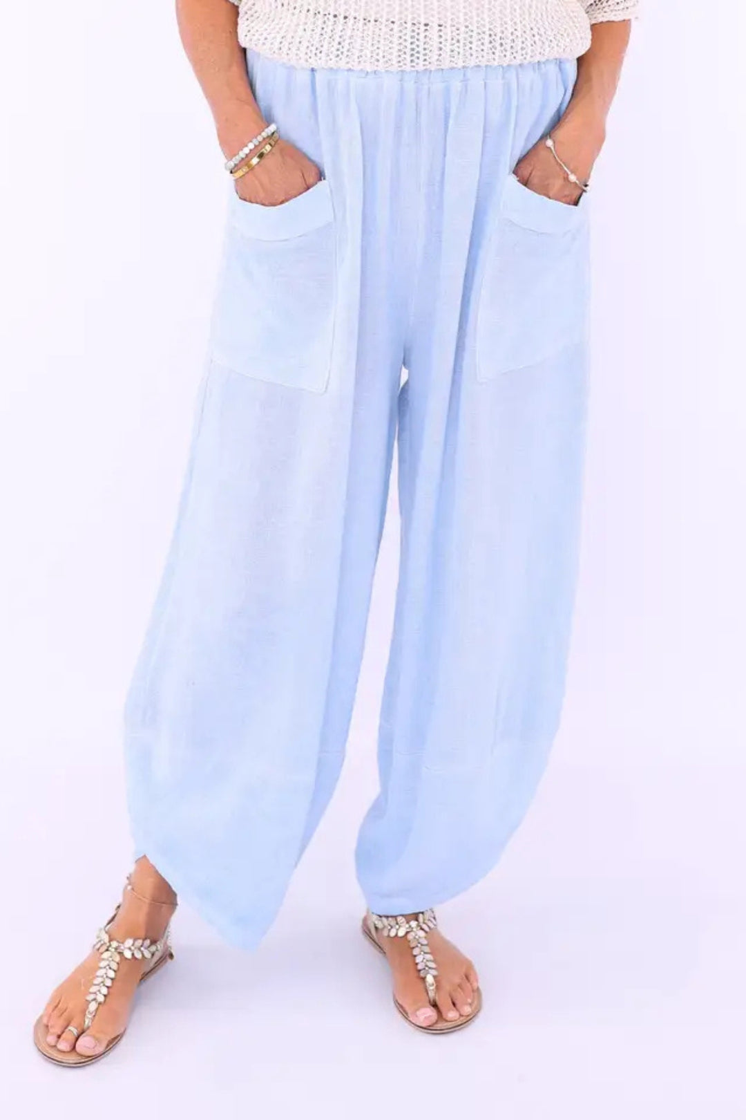 Cadenza Sky Blue Washed Linen Trousers