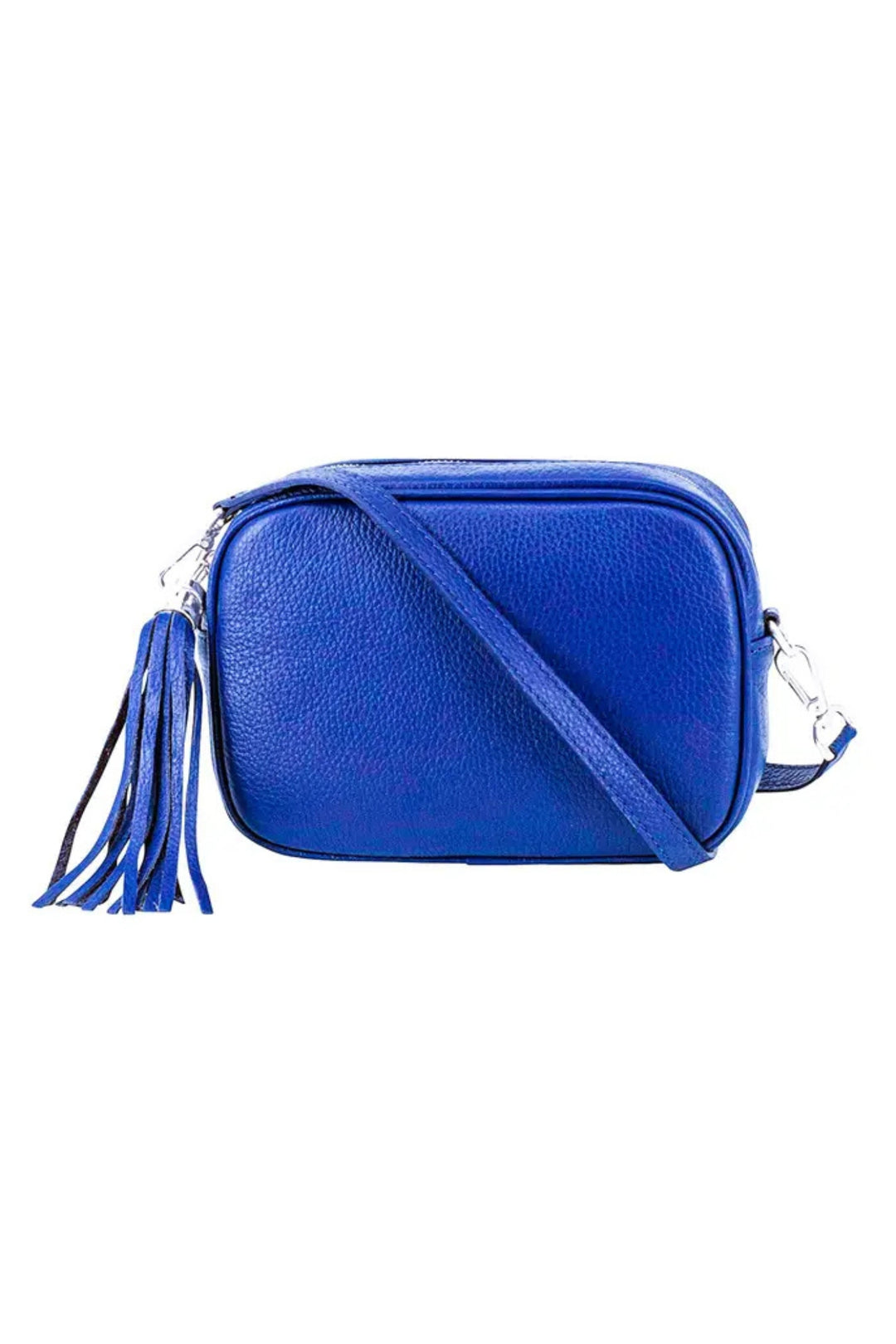 Cobalt Leather Crossbody Camera Bag With Tassel