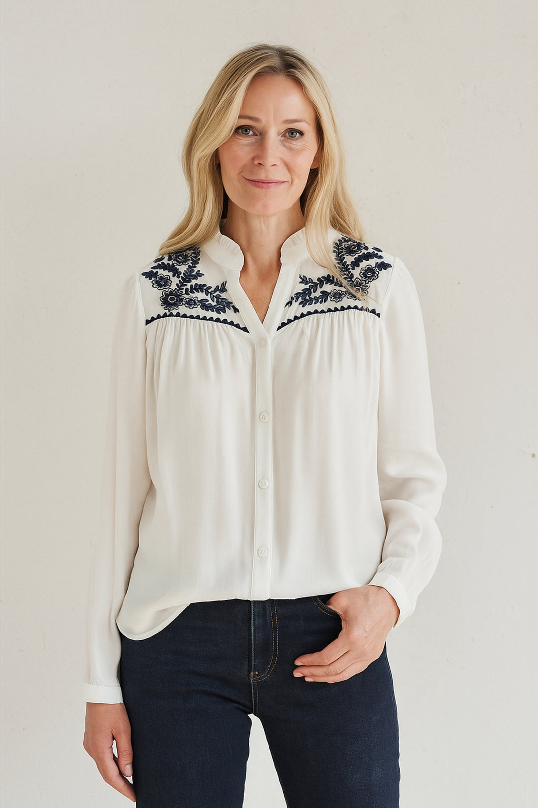 Cream & Navy Embroidered Top