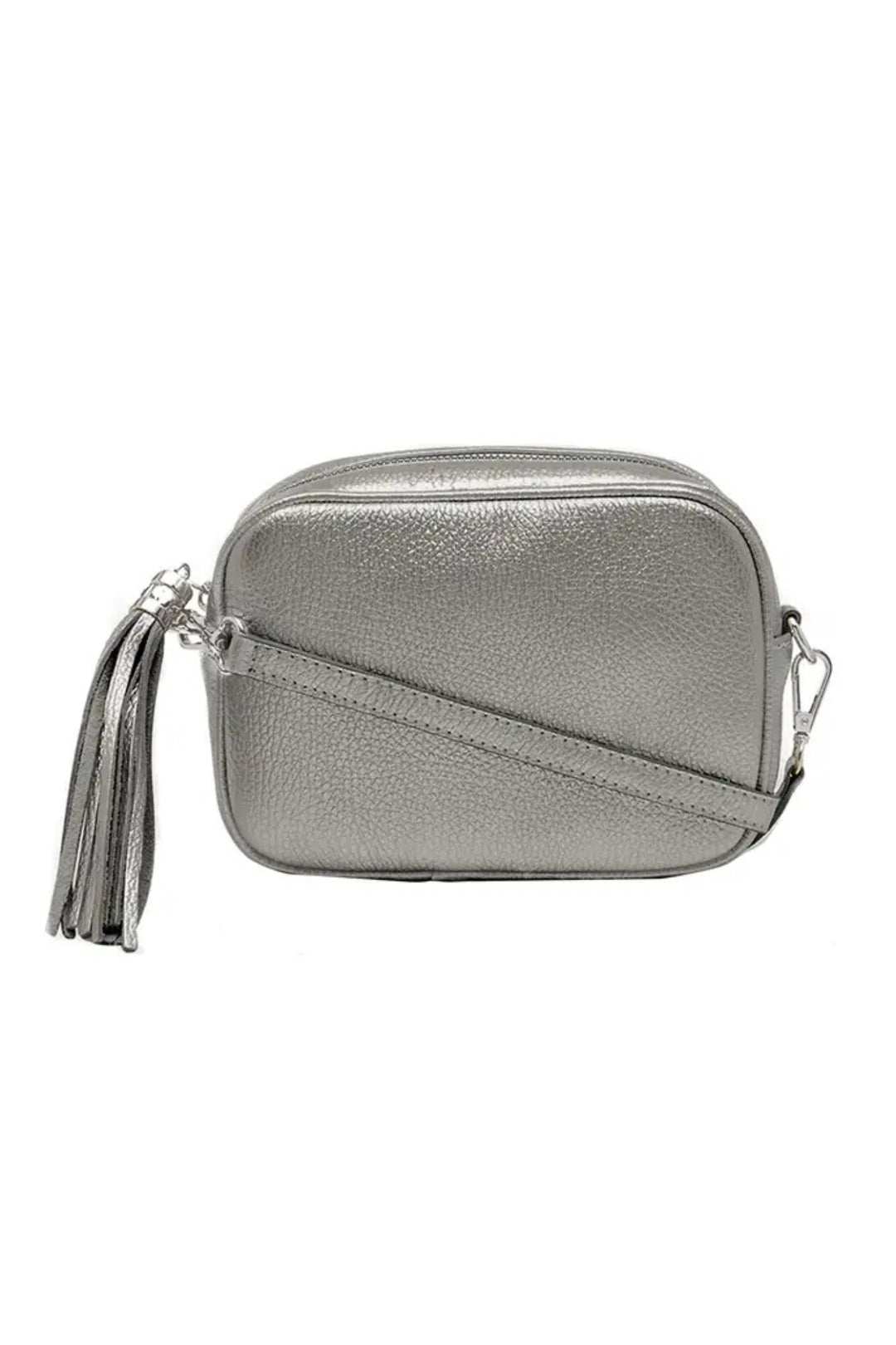 Dark Silver Metallic Leather Crossbody Camera Bag With Tassel
