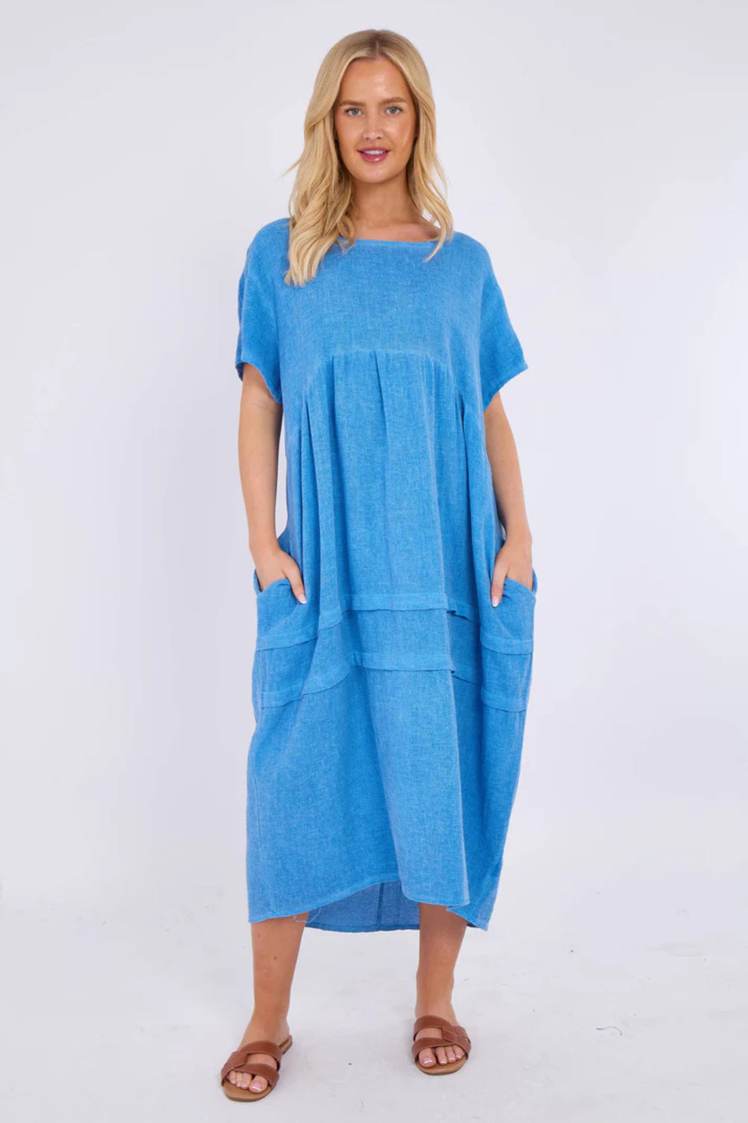 Deep Blue Washed Linen Bubble Hem Dress