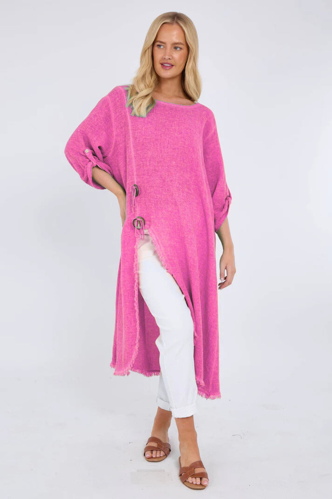 Deep Pink Fringe Edge Washed Linen Tunic