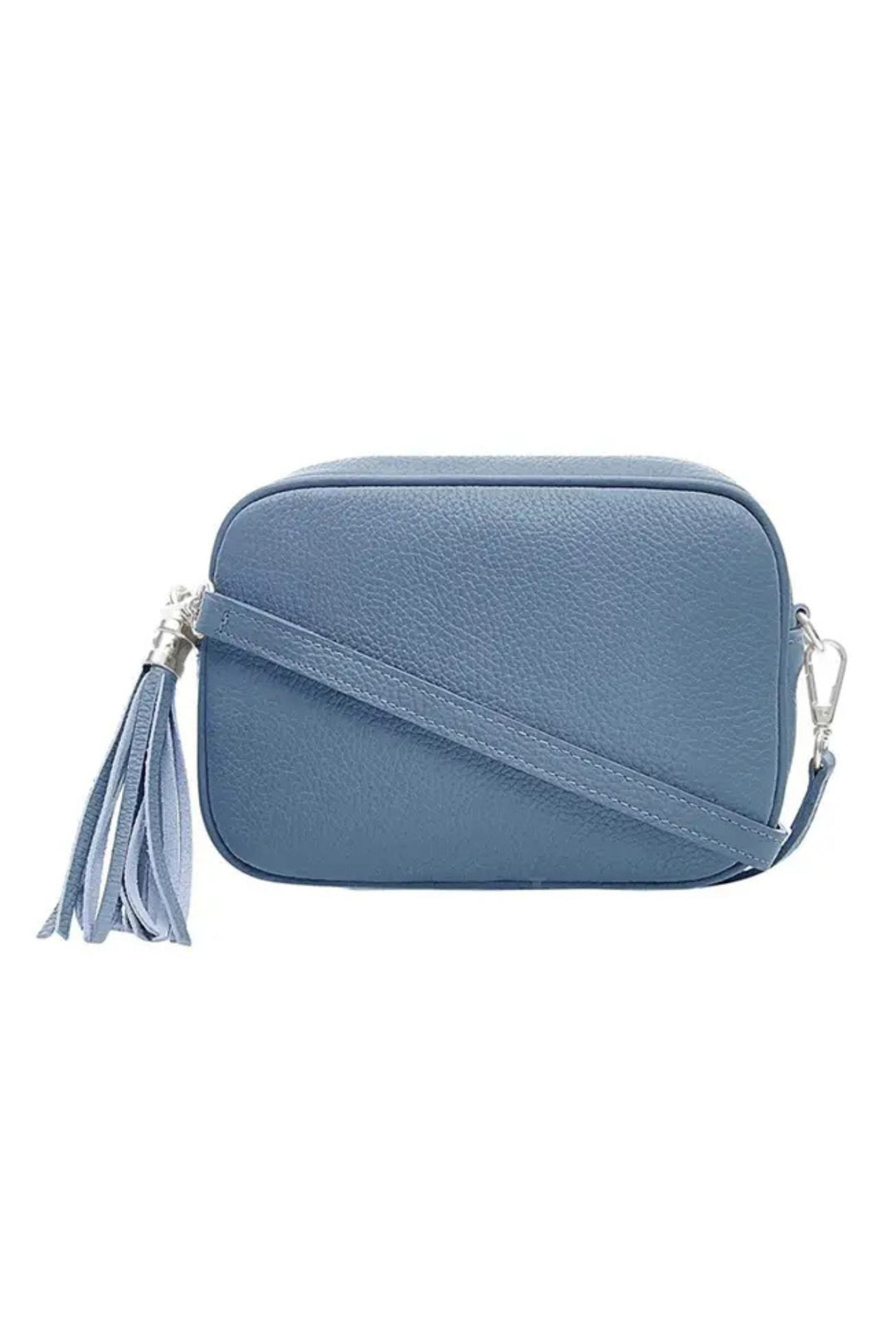 Denim Blue Leather Crossbody Camera Bag With Tassel