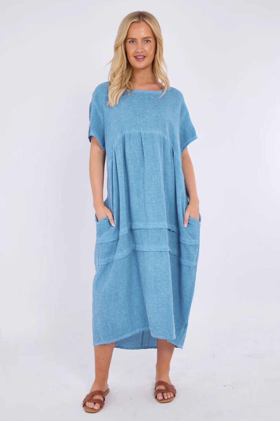 Denim Blue Washed Linen Bubble Hem Dress