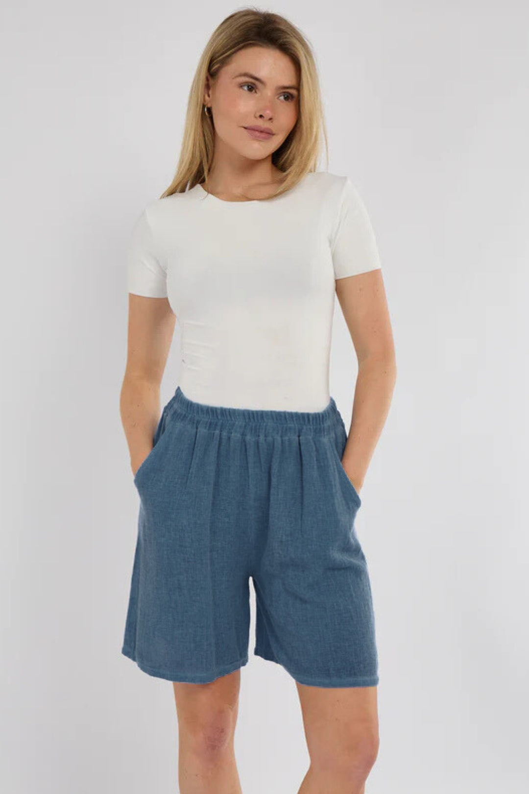 Denim Blue Washed Linen Shorts