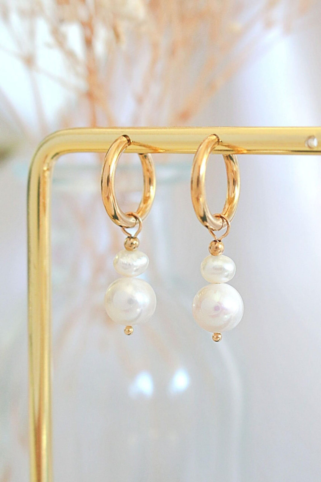 Double Drop Freshwater Pearl 24K Gold Plated Hoop Earrings