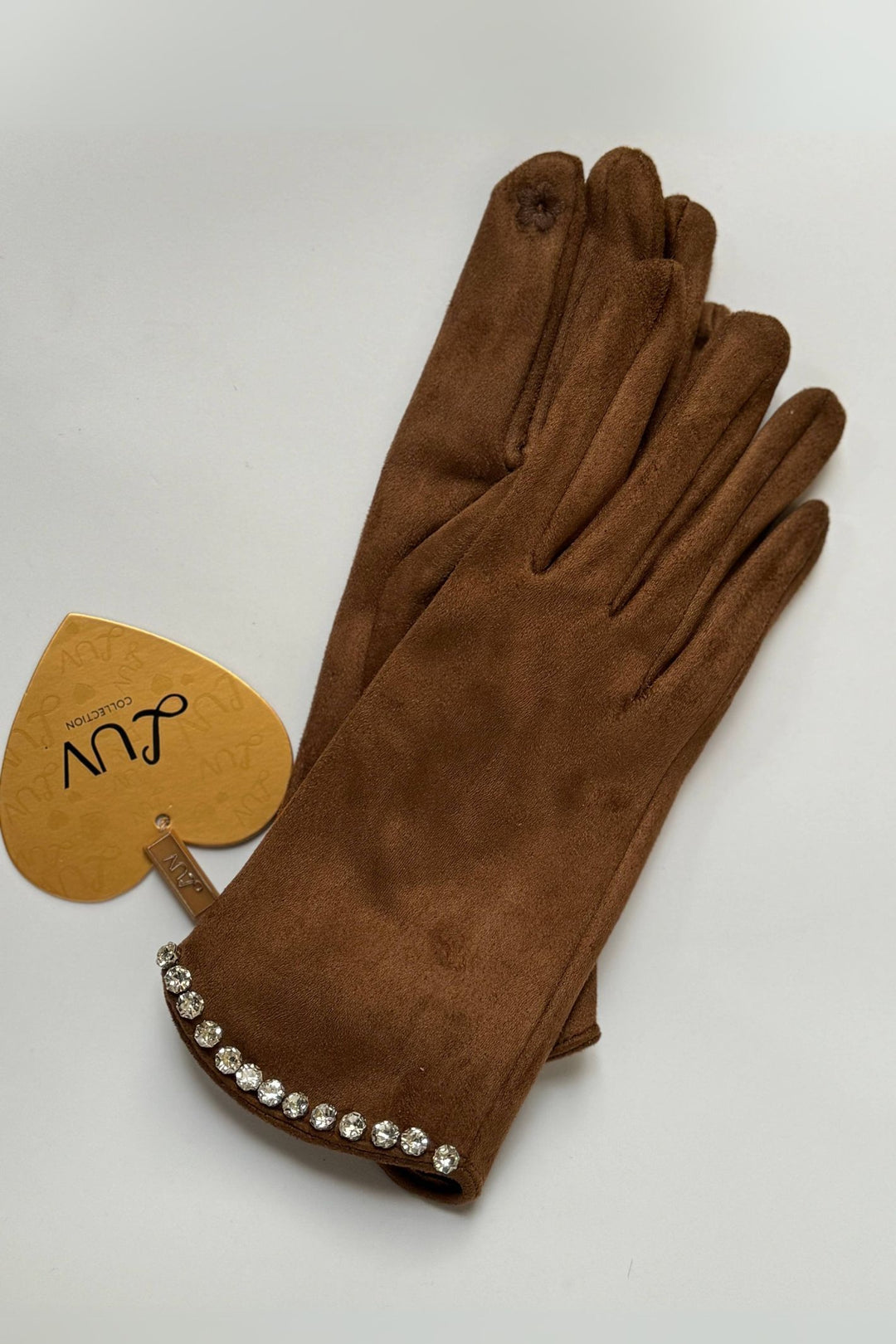Elegant Brown Faux Suede Gloves with Rhinestones