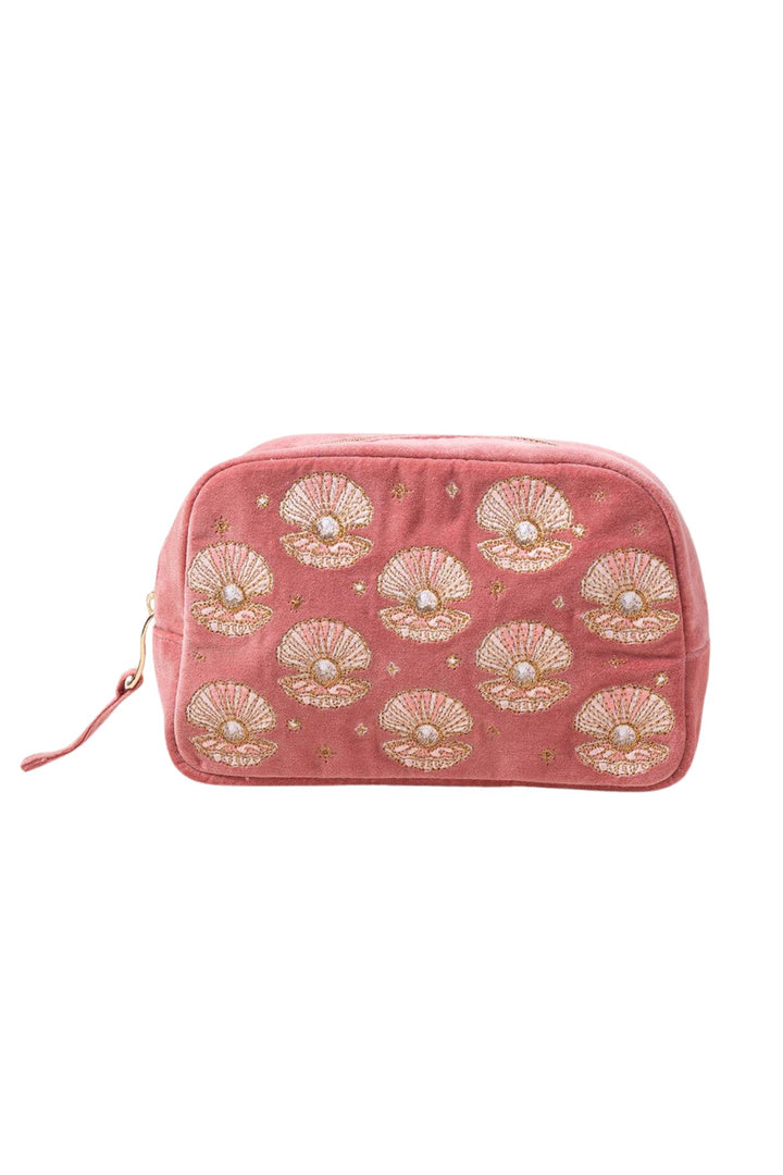 Elizabeth Scarlett Rose Pink Pearl Shell Velvet Makeup Bag
