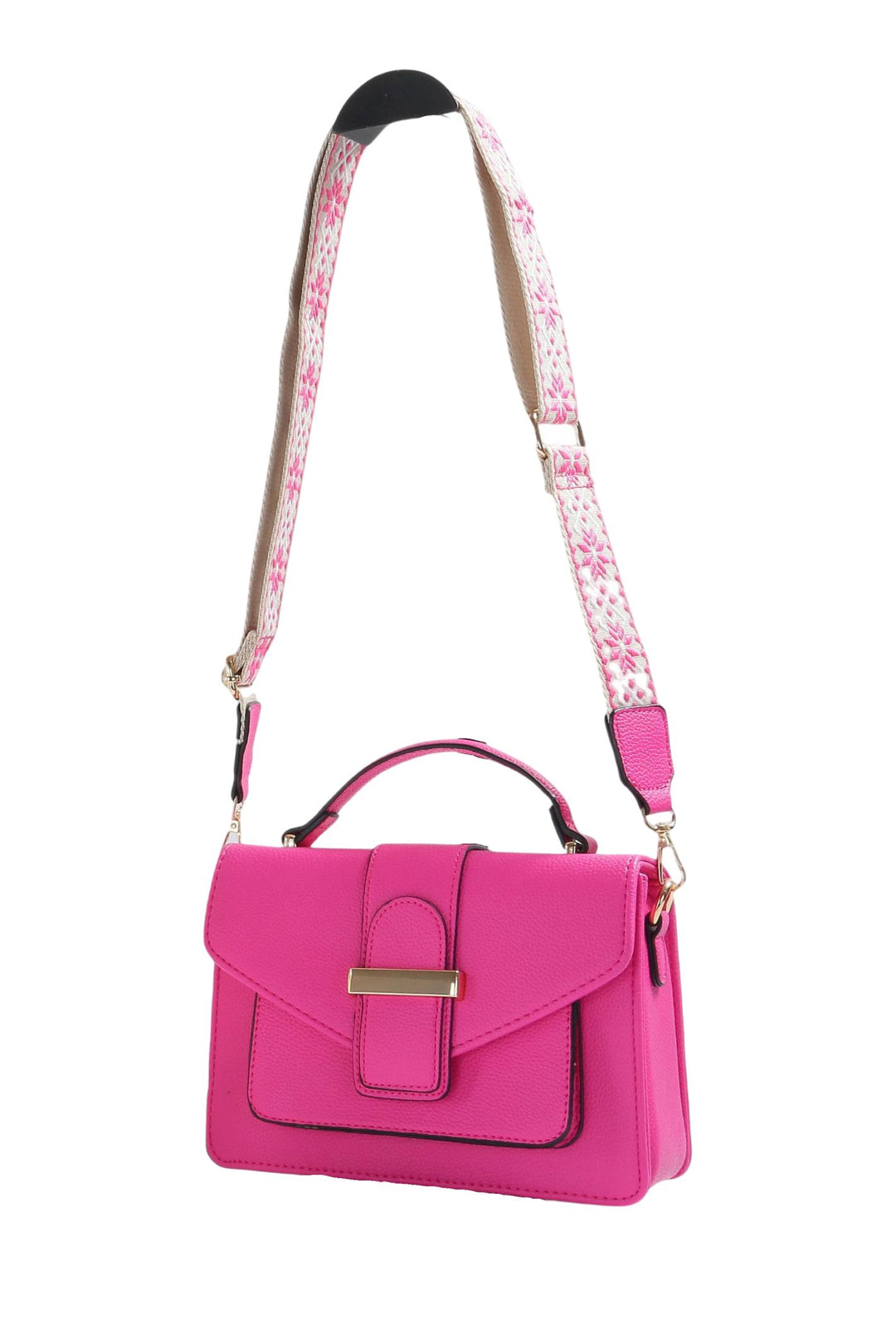 Fuchsia Pink Crossbody Handbag With Printed Strap
