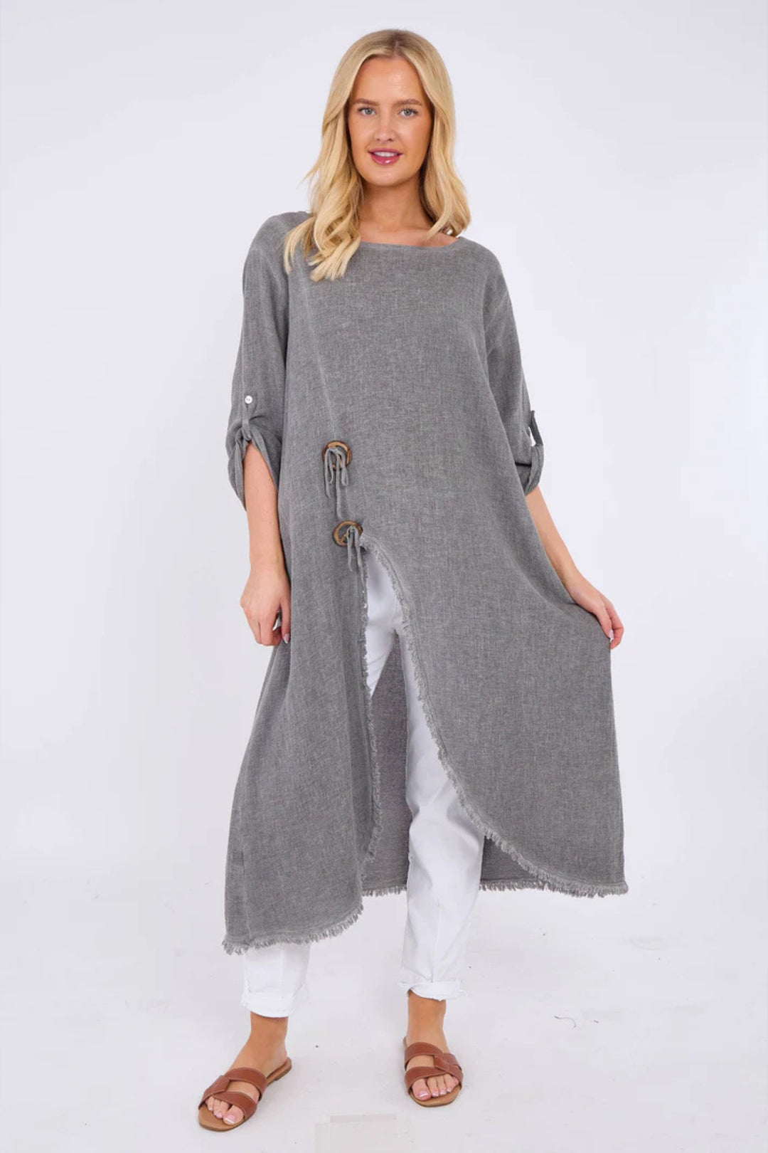 Grey Fringe Edge Washed Linen Tunic