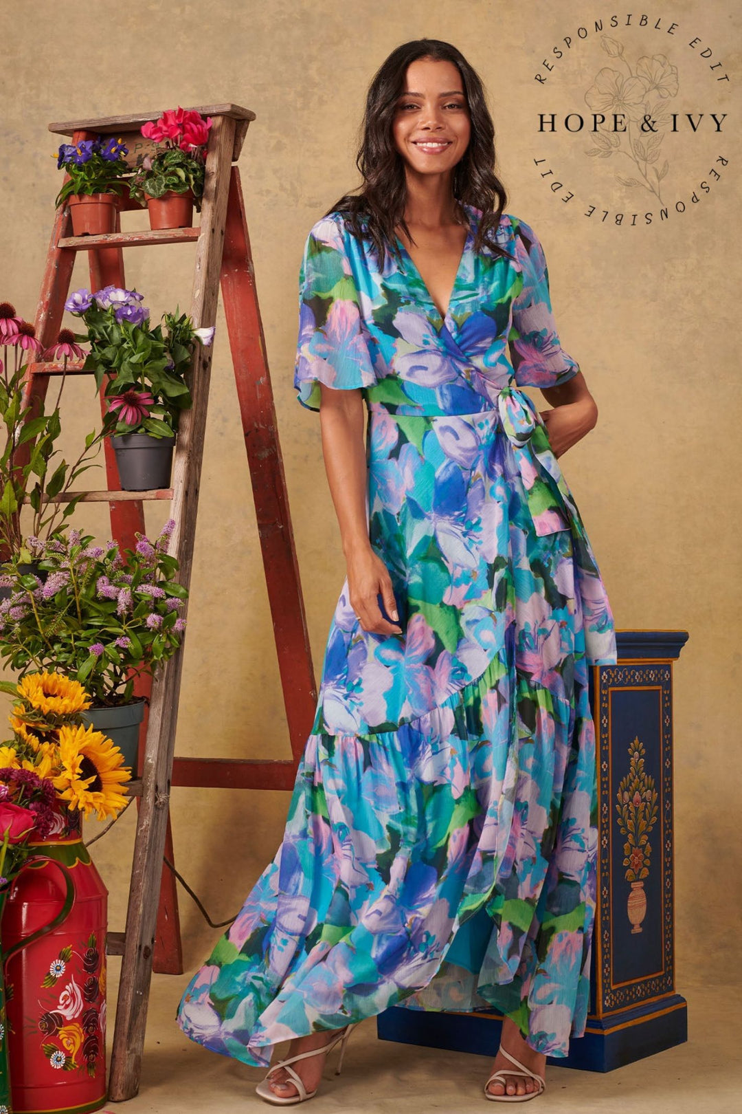 Hope & Ivy The Everleigh Blue floral Abstract Print Maxi Wrap Dress - Experience Boutique