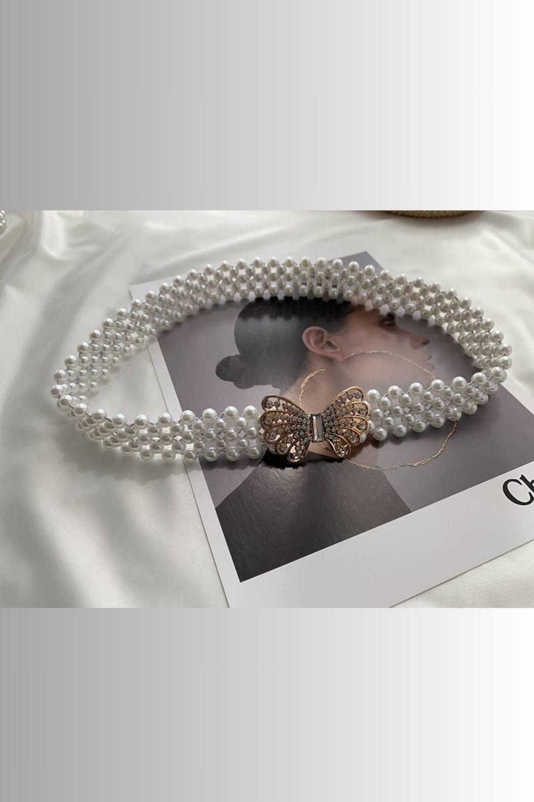 Ivory Pearl Stretch Belt With Butterfly