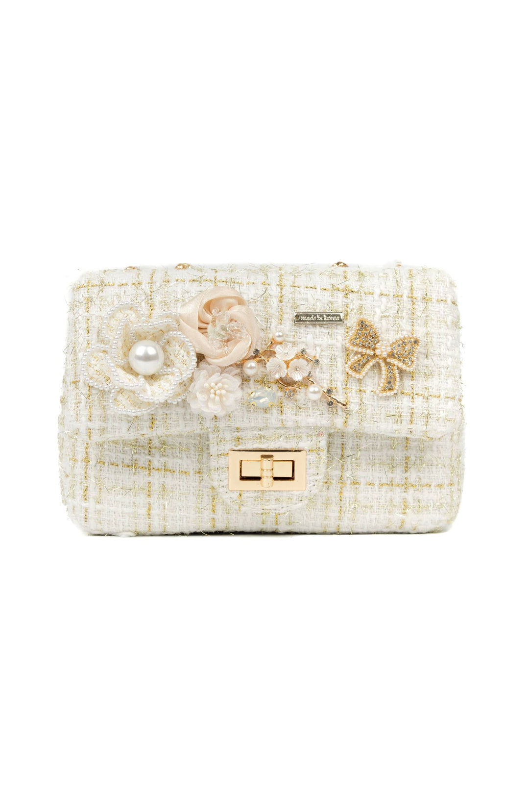 Ivory & Gold Tweed Embellished Handbag