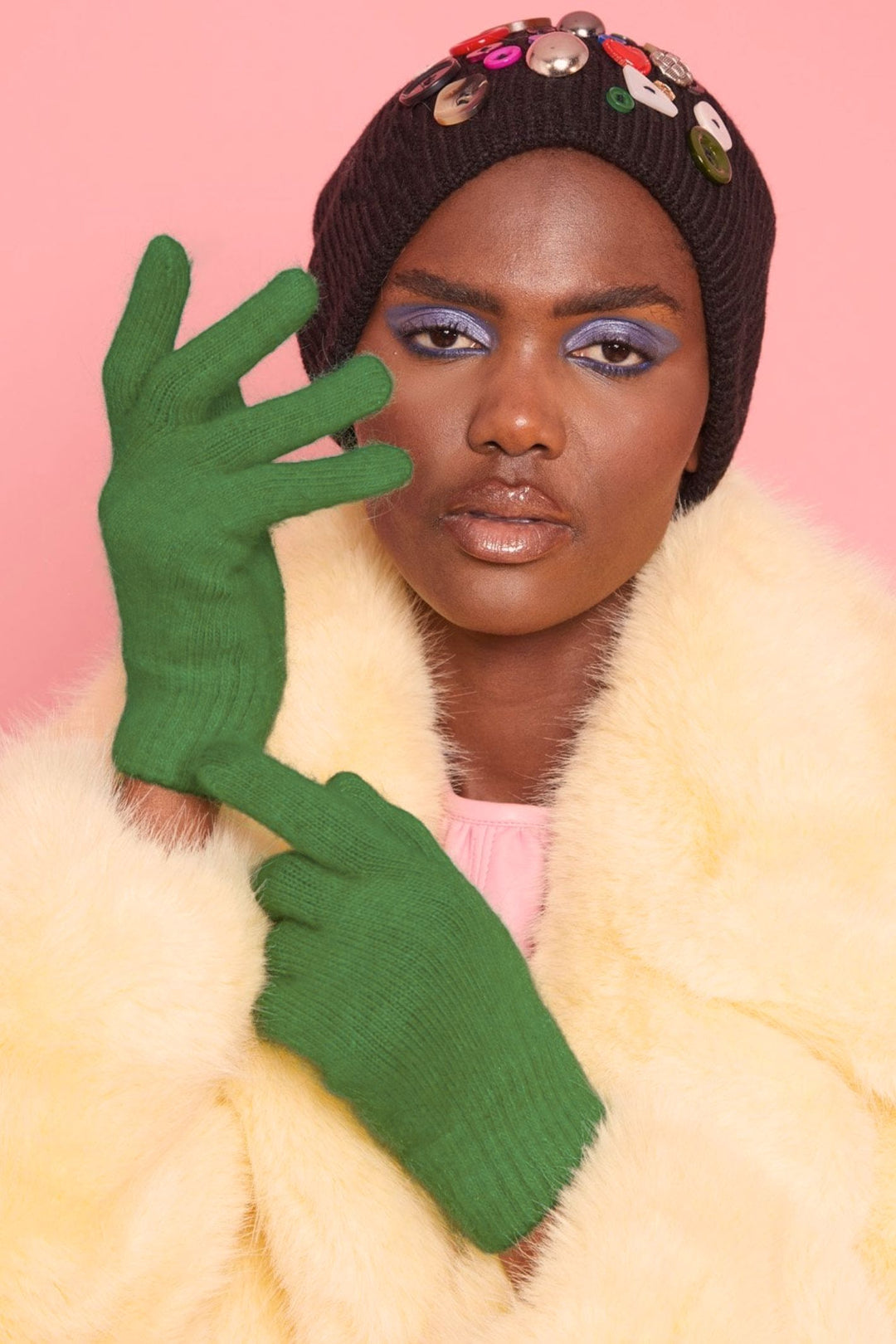 Jayley Green Stretch Cashmere & Silk Blend Knitted Gloves