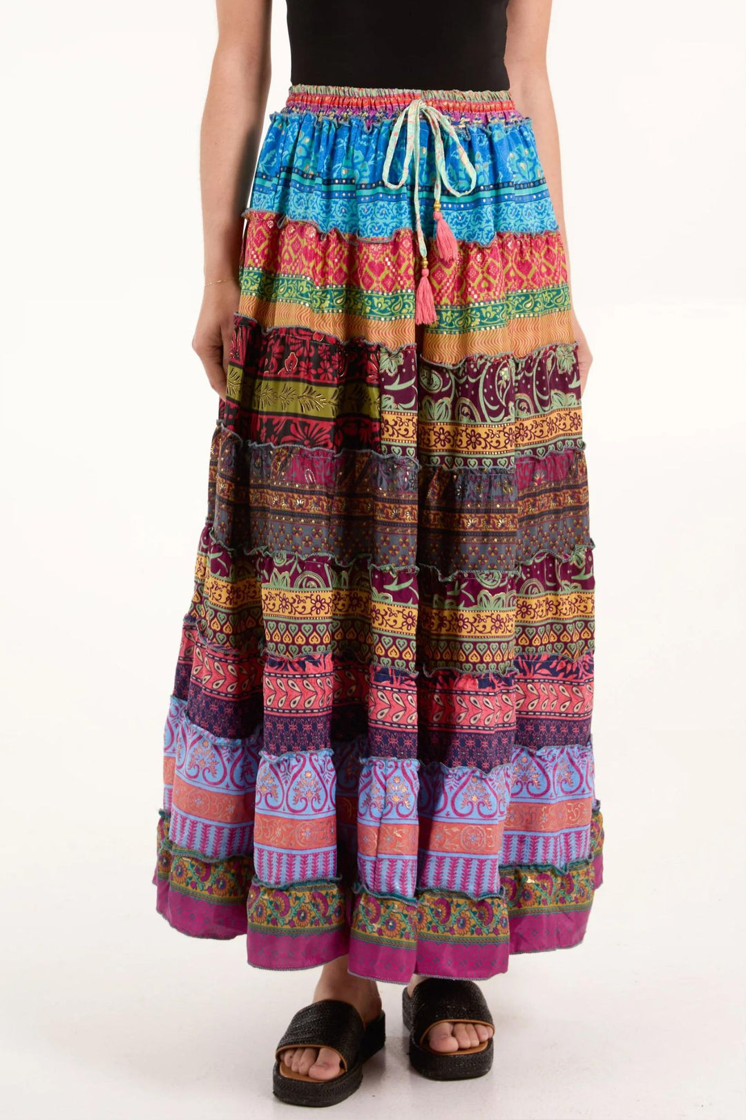 Jewel Tones Hand Crafted Silky Tiered Maxi Skirt
