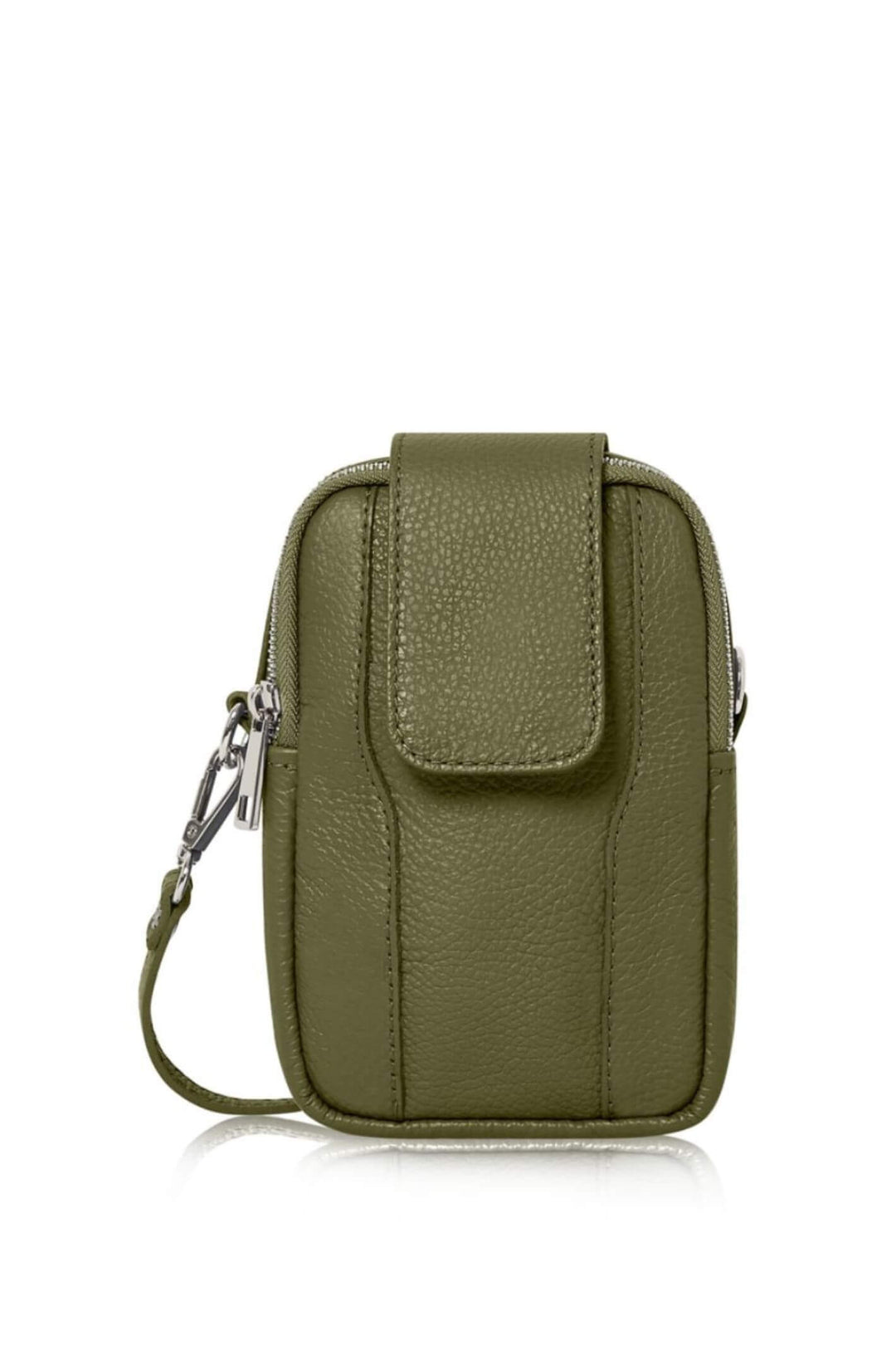 Khaki Leather Twin Compartment Cross Body Phone Bag