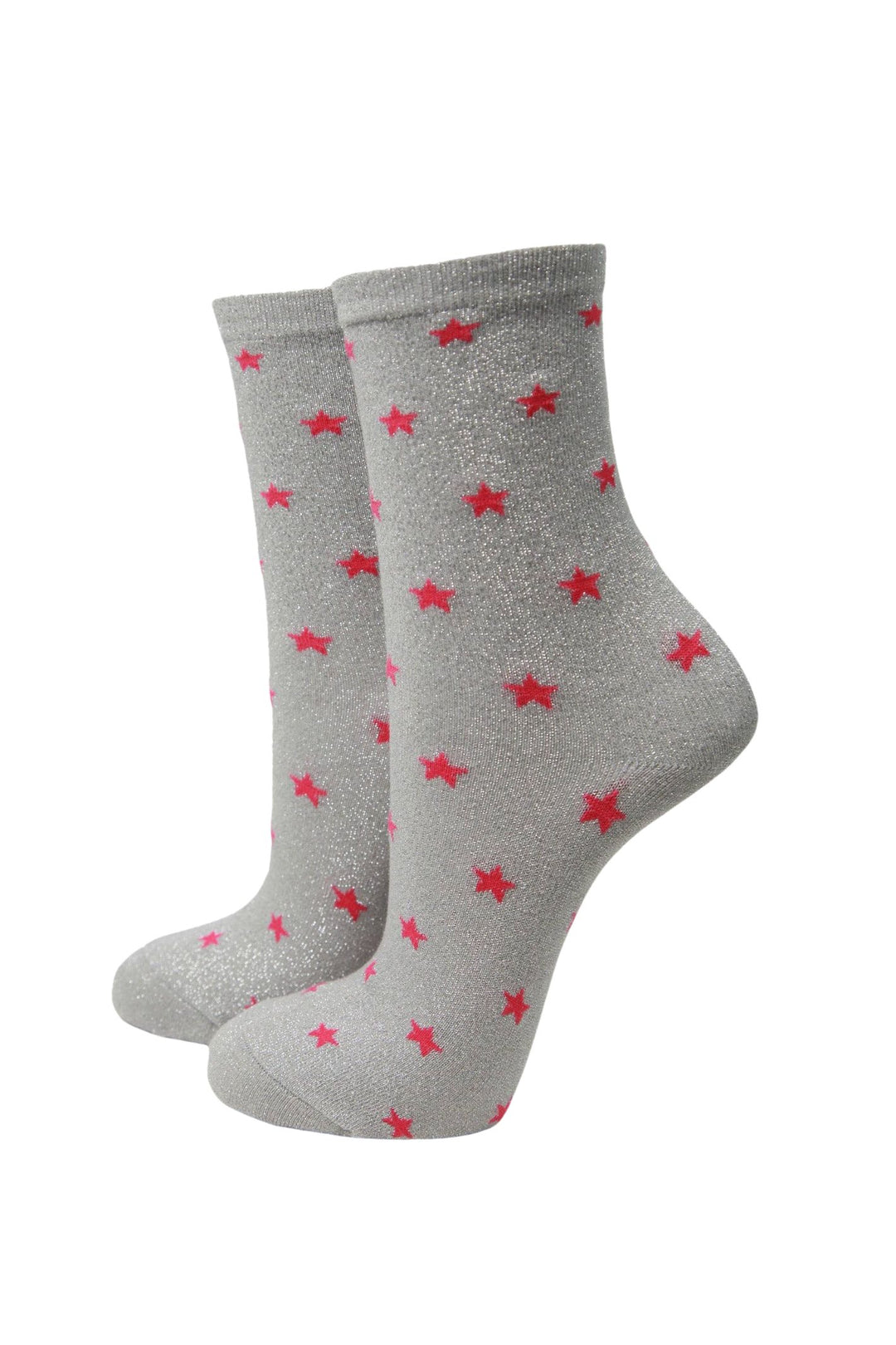 Light Grey Fuchsia Star Print Glitter Socks