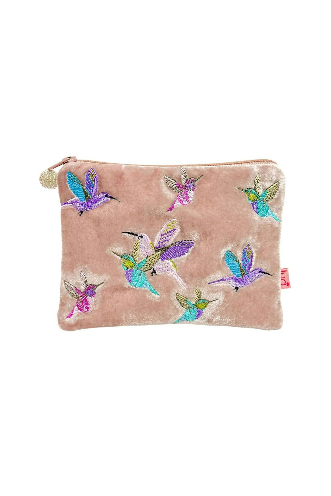 Lua Dusky Pink Embroidered Hummingbird Velvet Purse