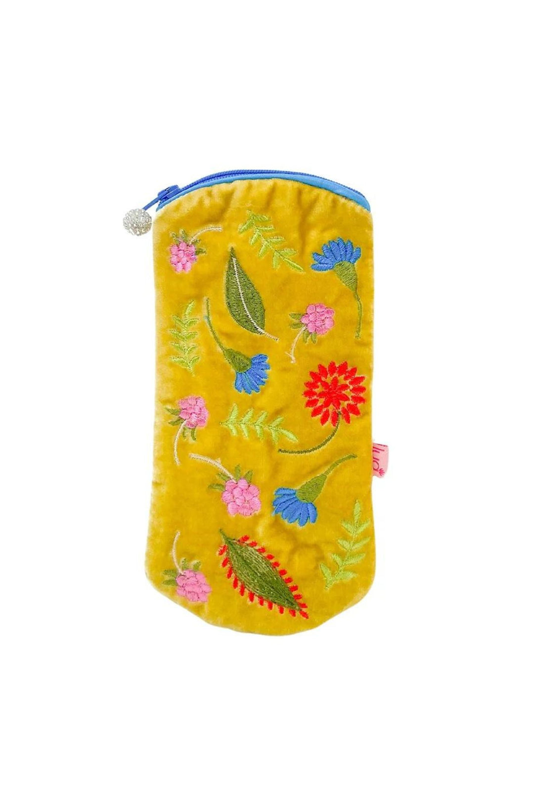 Lua Yellow Embroidered Flower Zipped Velvet Glasses Case
