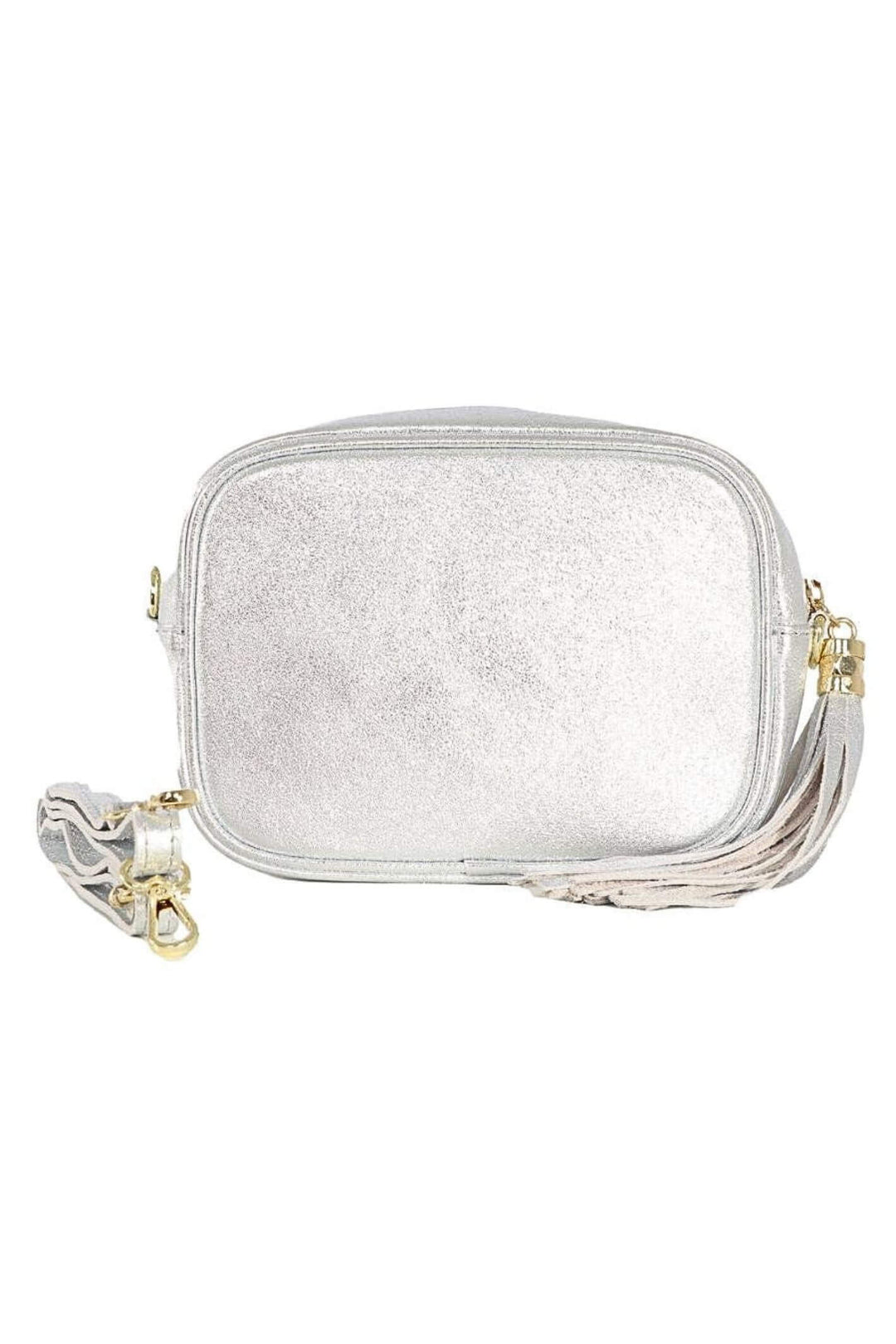 Metallic Silver Leather Crossbody Camera Bag