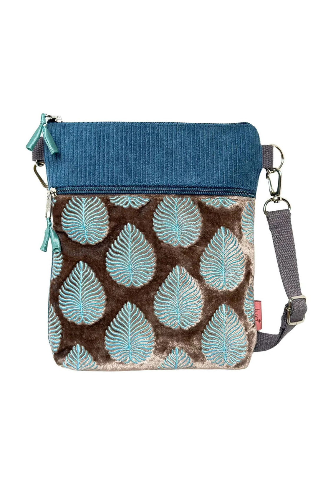 Lua Mink & Blue Embroidered Leaf Velvet Crossbody Bag