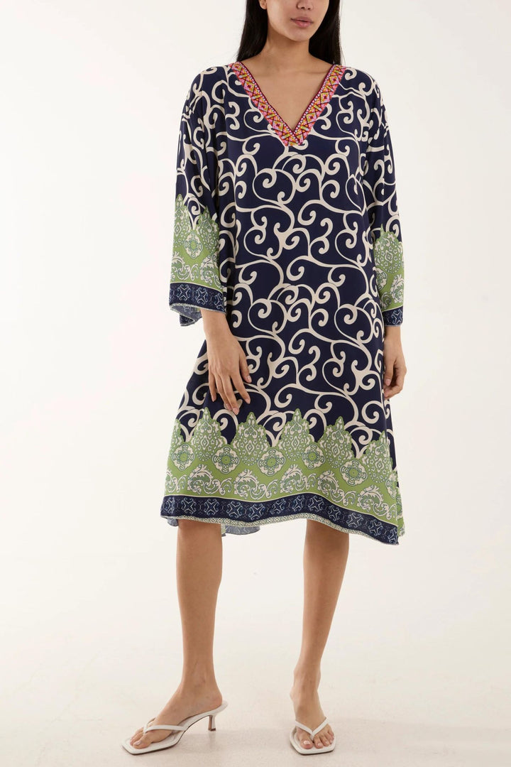 Navy Scroll Print Embroidered Holiday Cover Up