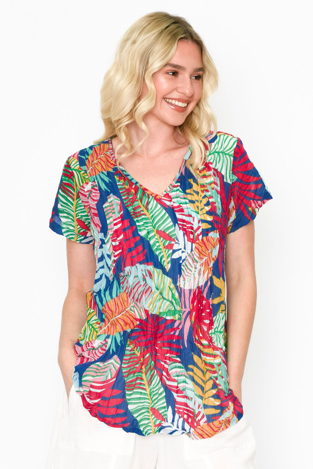 One Summer DW24F Cobalt Kayla Leaf Print Top - Experience Boutique