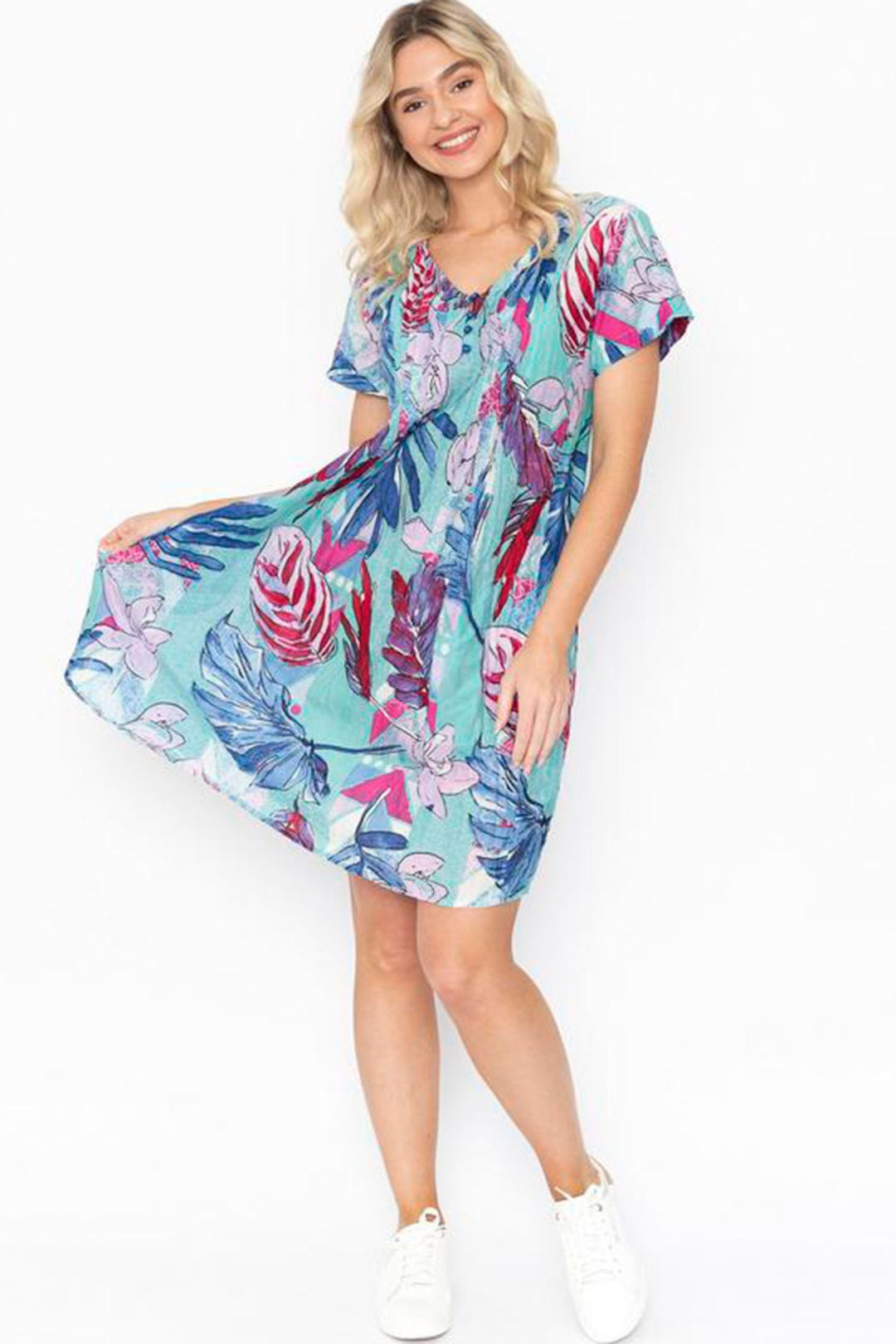 One Summer DW26E Turquoise Palm Print Dress