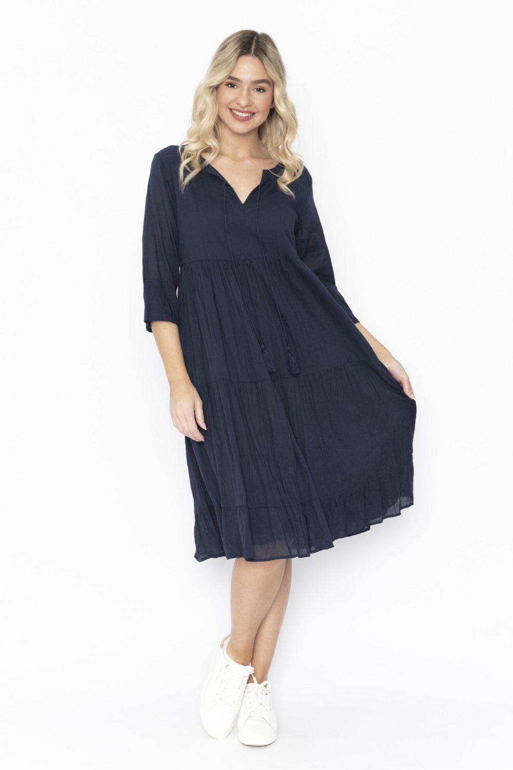 One Summer DW58D Navy Amber 3/4 Sleeve Smock Dress - Experience Boutique