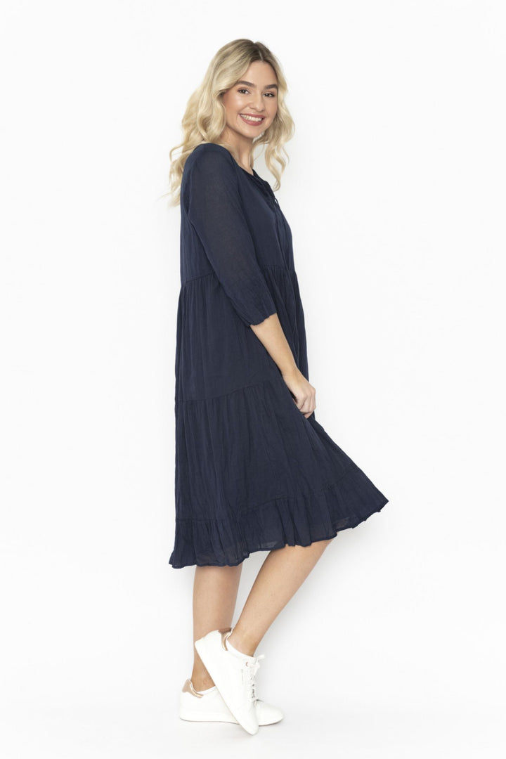 One Summer DW58D Navy Amber 3/4 Sleeve Smock Dress - Experience Boutique