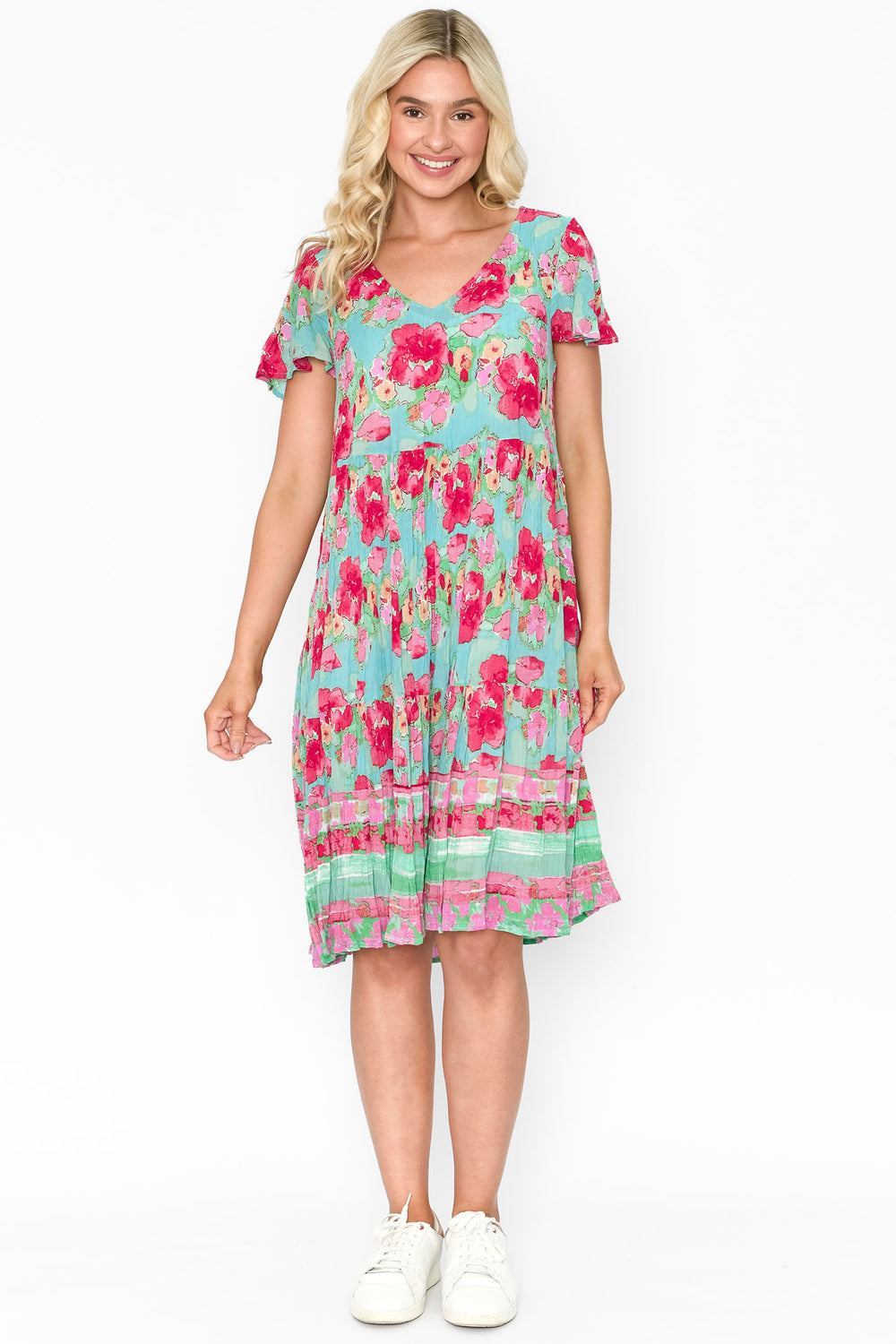 One Summer DW71F Kimberley Turquoise Floral Print Smock Dress - Experience Boutique